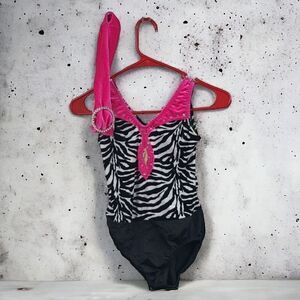 Dansco Hot Pink Zebra Dance Leotard Velour Plush Girls LC Large Belted Bodysuit